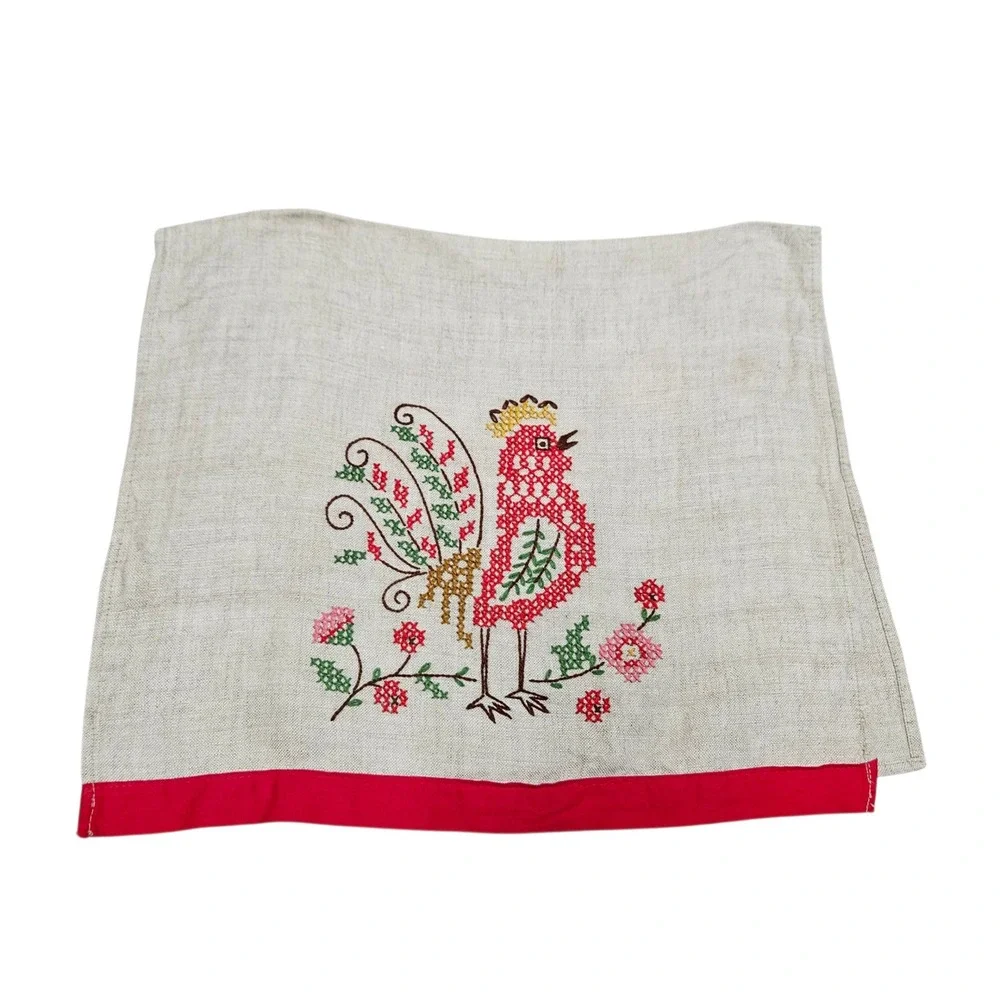 Vintage Embroidered Rooster Linen Kitchen Towel Farmhouse Cottagecore Country